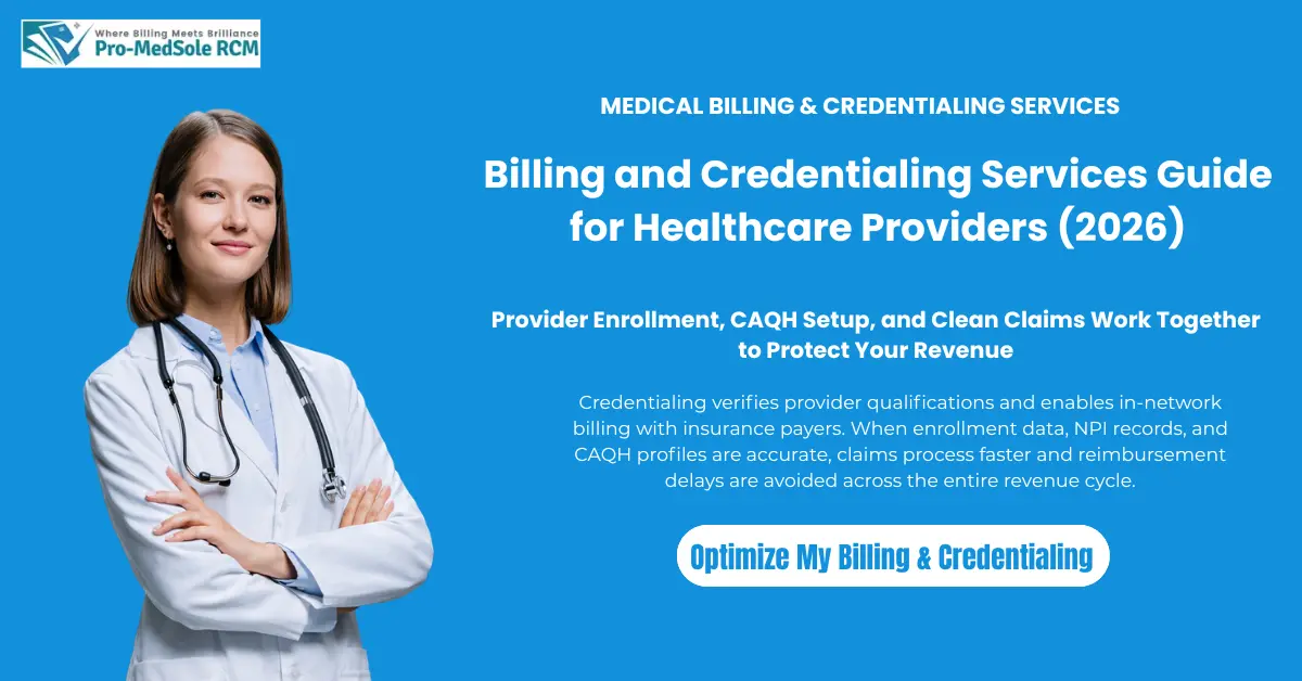 Healthcare billing and credentialing services concept showing provider enrollment and revenue cycle management