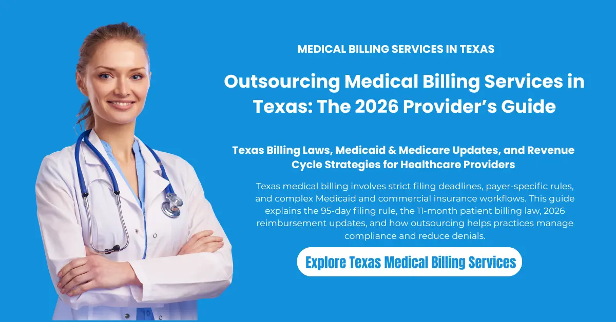 Texas medical billing services guide explaining 2026 billing laws, claim filing deadlines, Medicaid and Medicare updates, and outsourcing revenue cycle management for healthcare providers.