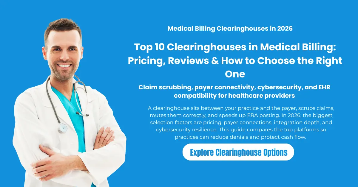 top medical billing clearinghouses 2026 comparison showing pricing, claim scrubbing, and denial reduction features for healthcare providers